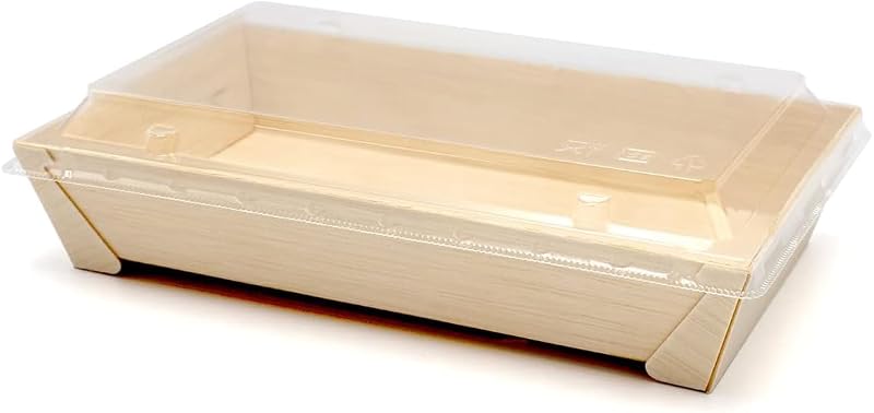 【50個セット】KAYU PACKAGE 長方形 RECTANGLE 木製 容器 Sサイズ 175mm x 121mm x 40mm 透明プラ 蓋 フタ付 使い捨て (50)